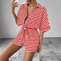 Summer New Set For Women's Casual Loose Comfortable Outfit Fashion Striped Batwing Sleeve Shirt Top+ Shorts 2-piece Sets Woman Good Vibrations