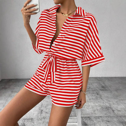 Summer New Set For Women's Casual Loose Comfortable Outfit Fashion Striped Batwing Sleeve Shirt Top+ Shorts 2-piece Sets Woman Good Vibrations
