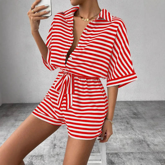 Summer New Set For Women's Casual Loose Comfortable Outfit Fashion Striped Batwing Sleeve Shirt Top+ Shorts 2-piece Sets Woman Good Vibrations