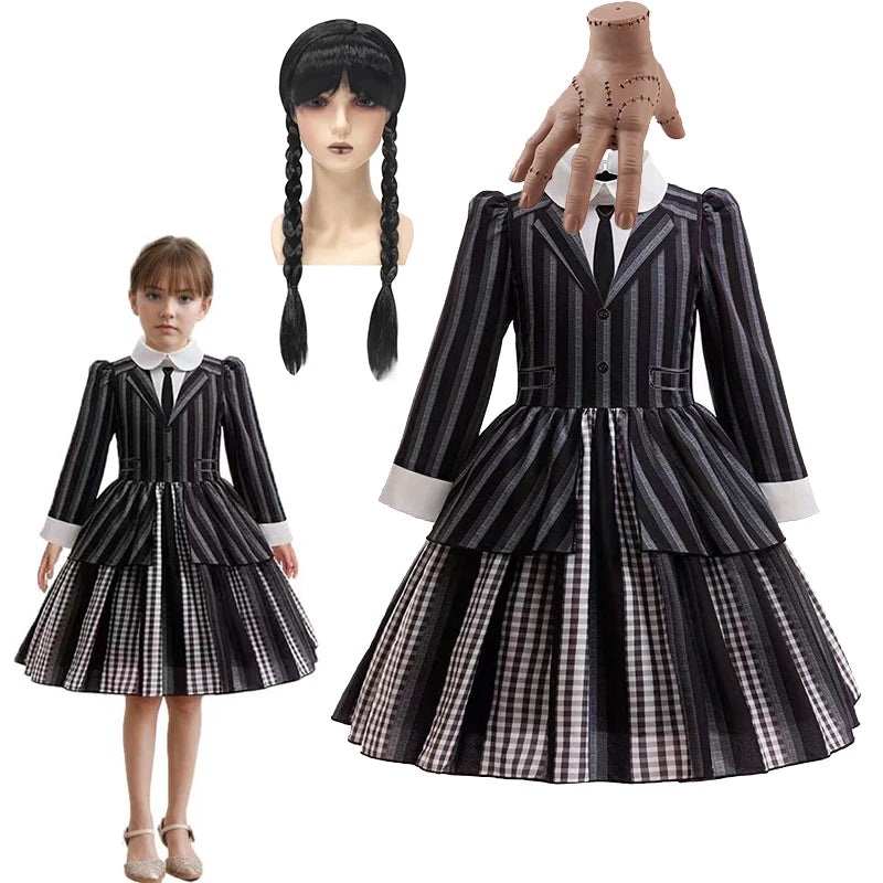 Halloween Gothic Style Costume Dress for Girls Wensday 2 Cosplay Striped School Uniform Party Ball Gown Kids Vestidos Good Vibrations
