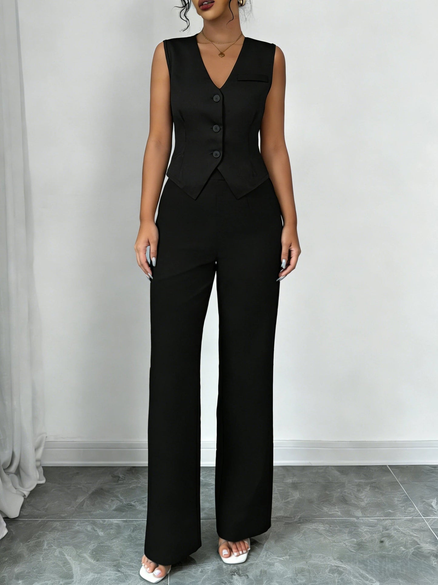 Women's Black Two Piece Outfit Sleeveless V Neck Vest Blazer High Waist Wide Leg Pants Elegant Office Spring Summer Suit Set Good Vibrations
