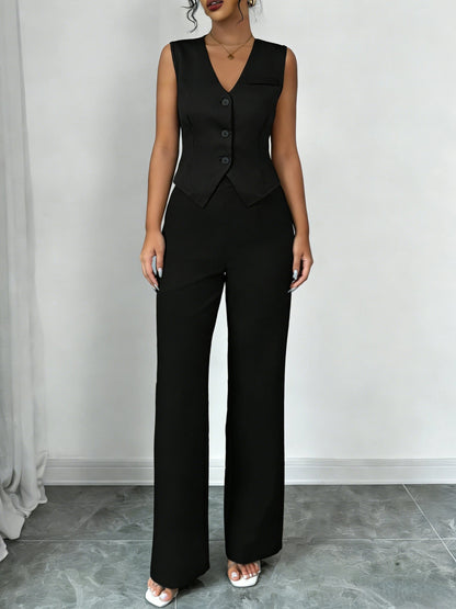 Women's Black Two Piece Outfit Sleeveless V Neck Vest Blazer High Waist Wide Leg Pants Elegant Office Spring Summer Suit Set Good Vibrations