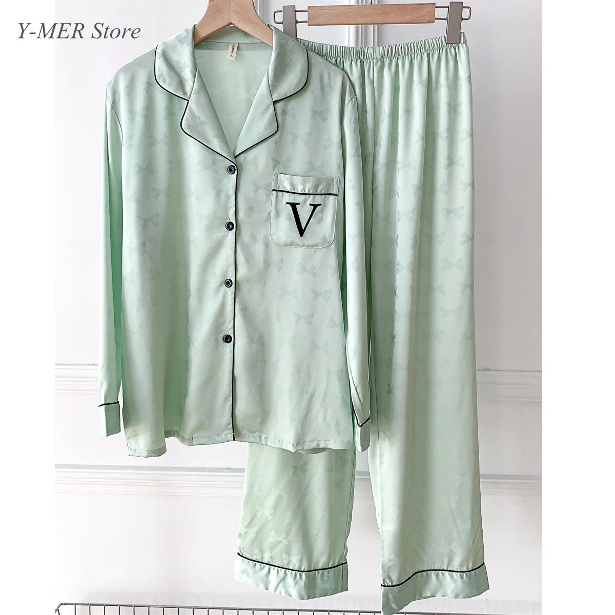 Pink Pajamas Set Bow Print 2Piece Set Women Rayon Homewear Long Sleeve Trousers Suit Lapel Loungewear Nightwear Casual Outfit Good Vibrations