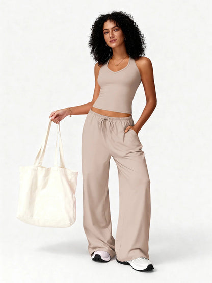 Women 2 Piece Yoga Outfit Ribbed Halter Crop Tank Top Drawstring Wide Leg Pants Set Casual Workout Gym Loungewear Tracksuit Good Vibrations