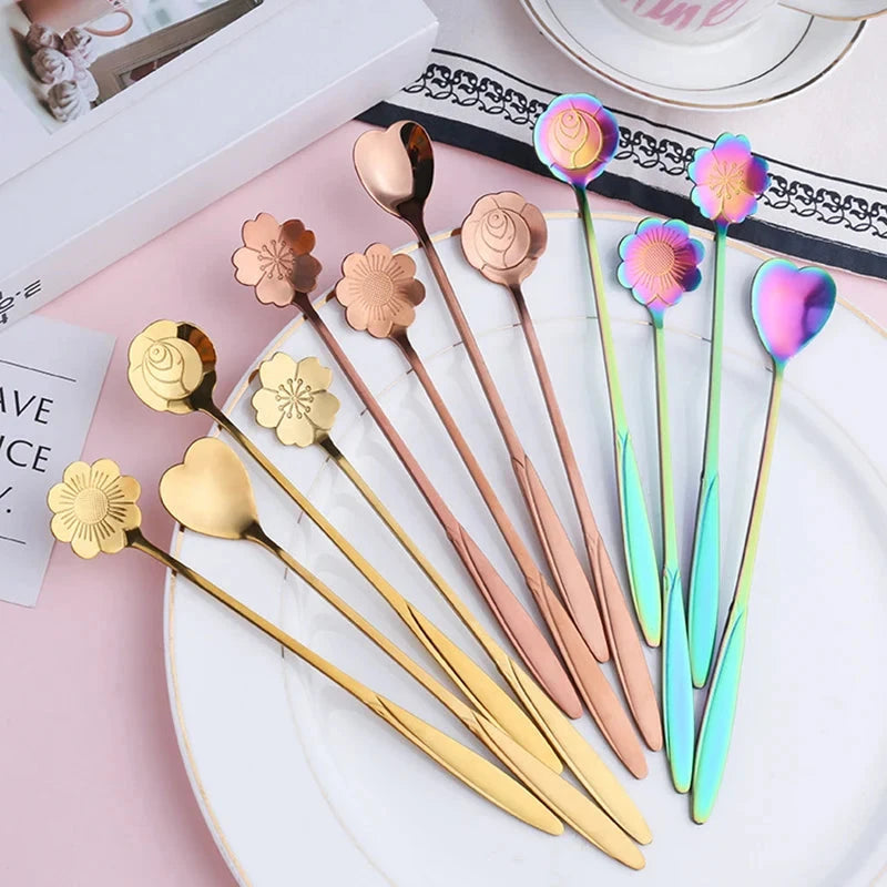 4Pcs Flower Spoon Set Small Teaspoon Coffee Spoon Cute Ice Cream Dessert Spoon Silver Gold Stainless Steel Tableware Accessories Good Vibrations