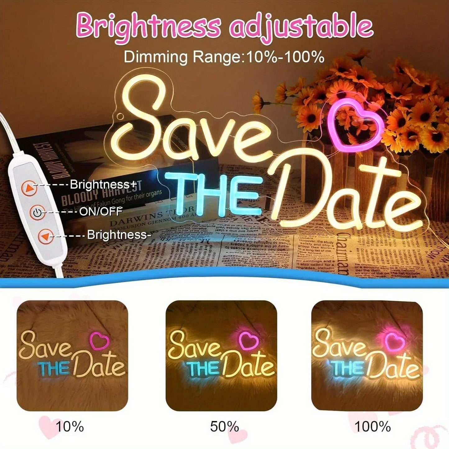 Save The Date Neon Sign Wedding Led Light Up Sign for Festival Birthday Wedding Party Lover Room Decor Kids Friend Gift Good Vibrations