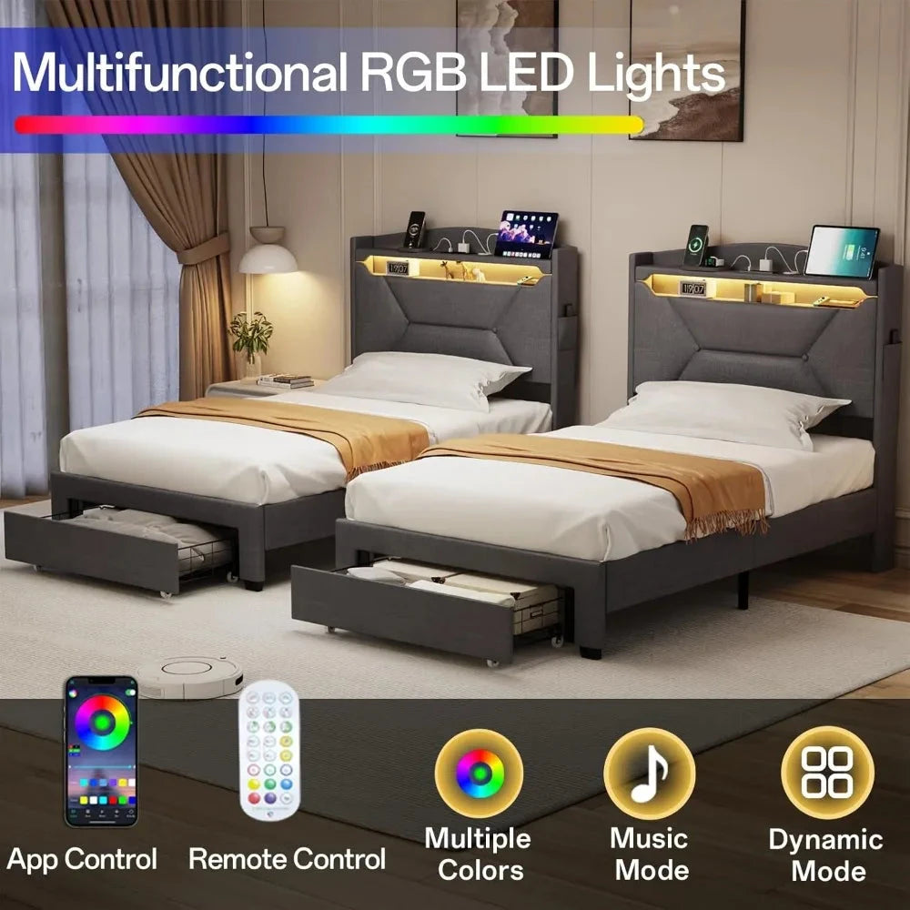 Frames with Storage Headboard, Upholstered Twin Size Bed Frame with Drawers, Charging Station and LED Good Vibrations