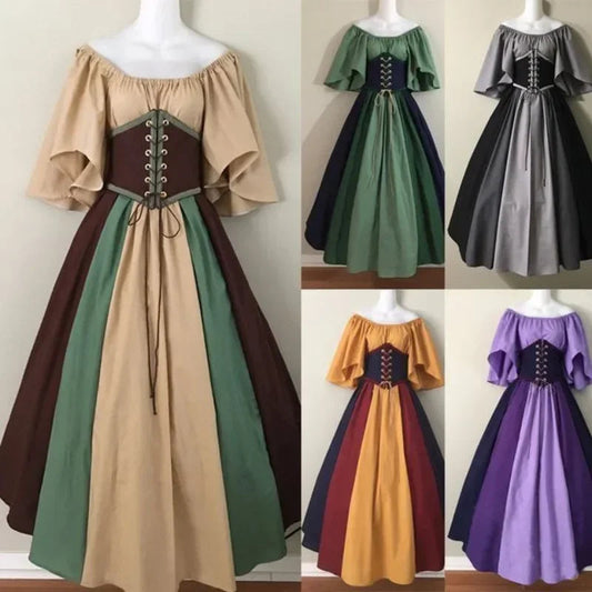 Halloween Costumes for Women Medieval Retro Contrasting Color Slim Swing Dress One-word Shoulder Dress Love Live Cosplay Good Vibrations