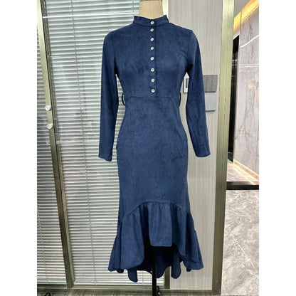 Vintage Western Style Dress Button Temperament High Neck Suede Slim Fit Irregular Hem Long Skirt with Belt Good Vibrations