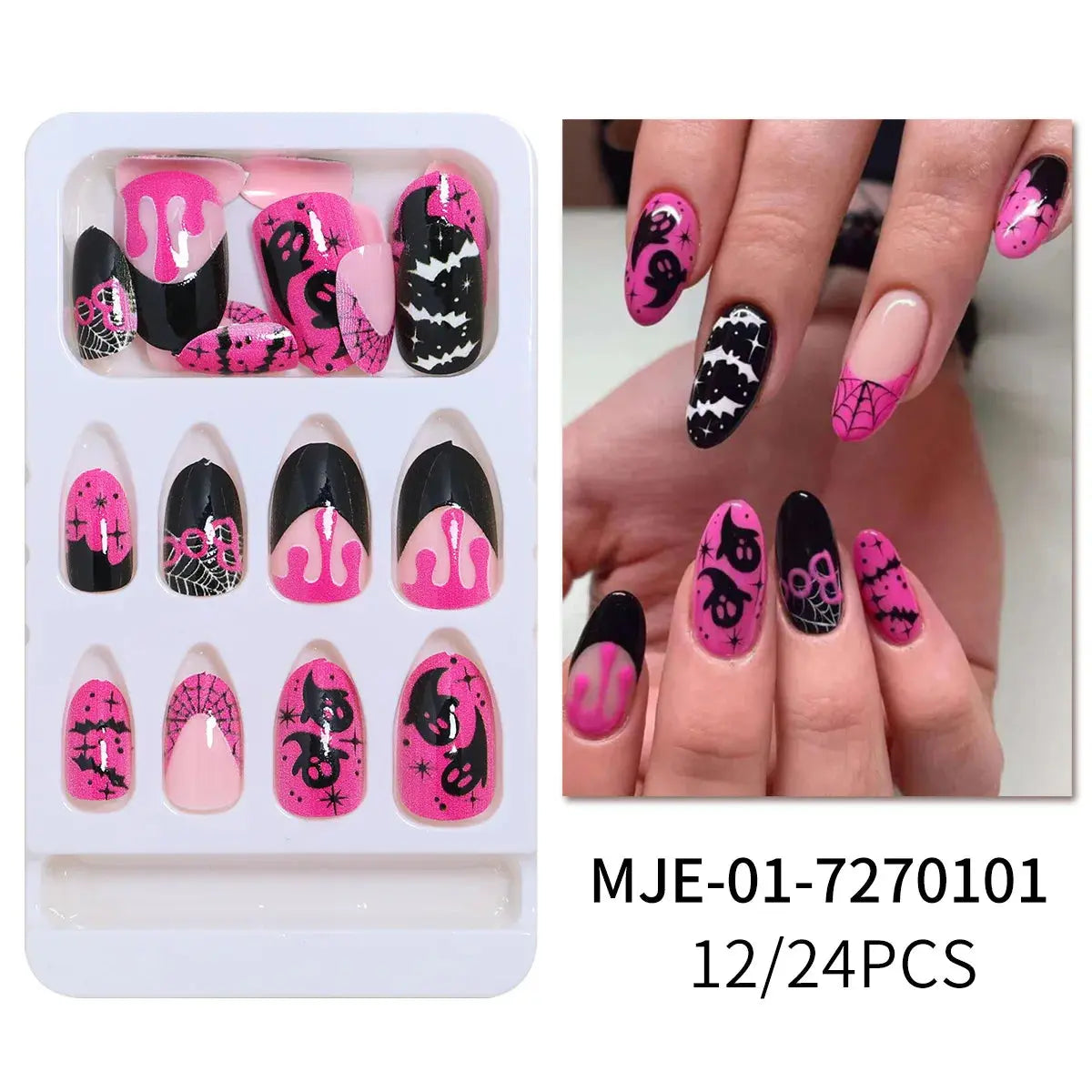 24pcs Short Fake Nail Patch Halloween Pumpkin Ghost Bat Printed Fake Nail Full Cover Wearable Artificial Acrylic Nails Tips Good Vibrations