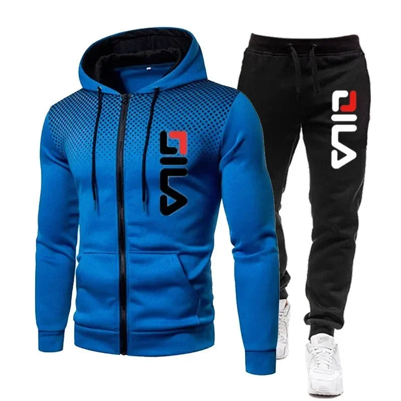Mens Tracksuits+Sweatpants Two Pieces Suits 2025 Winter Print Zipper Hooded Sweatshirt Casual Fitness Jogging Sports Pants Sets Good Vibrations
