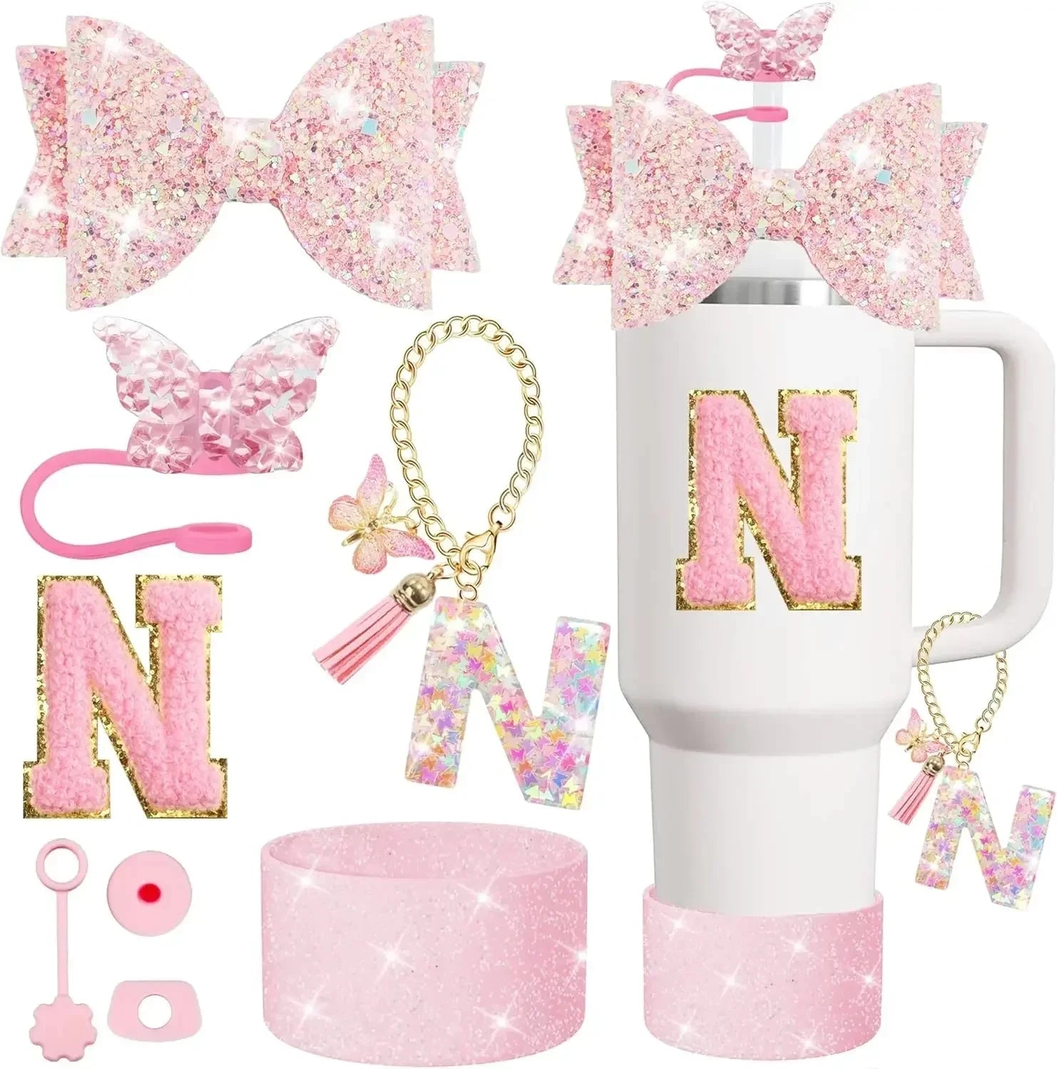 8PCS Cup Accessories Set for Stanley Cup 30 40oz Tumbler Straw Topper Cover Cap Boot,Spill Proof Stopper Charm Initials Sticker Good Vibrations