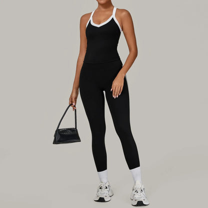 Autumn Yoga Outfit for Women V Neck Sports Tank Top Sets with Chest Pad Workout Leggings Sports Tracksuit Jogging Tights Good Vibrations