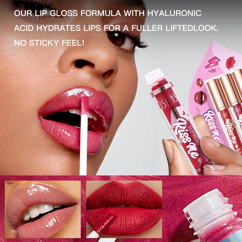 USHAS 3 Pcs/Set Lip Gloss Set, Matte and Glossy Lip Glaze Suit, 3 Different Colors in 1 Set, Perfect Gift for Girls&Women Good Vibrations