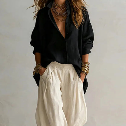 Vintage Two Piece Sets Women Loose Turn Down Collar Blouse High Waist Pocket Wide Leg Trousers Outfits Casual Travel Beach Suits Good Vibrations