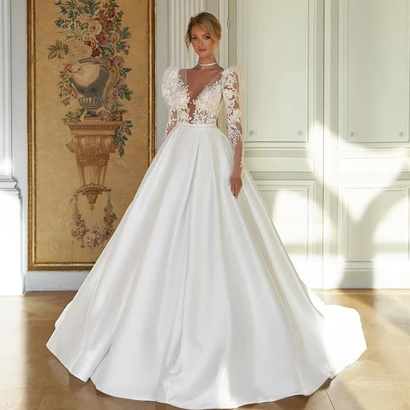 Classic Wedding Dress Satin Surah With Embroidered Lace A-Line Ball Gown O-Neck Puff Sleeves Customized Bride Vestido De Novia Good Vibrations