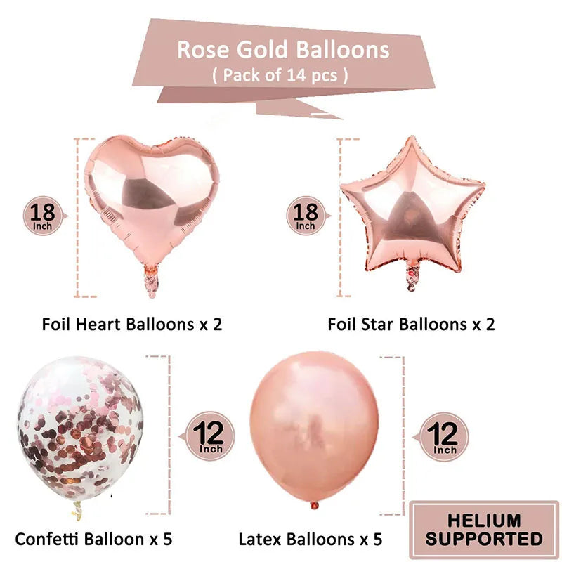 14pcs Rose Gold Mix Star Heart Confetti Latex Balloons Birthday Party Decorations Kids Adult Wedding Anniversary Globos Supplies Good Vibrations