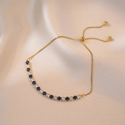 Charm Royal Blue White Stone Round Bracelets For Women Gold Color Metal Adjustable Zircon Hand Chains Simple Party Jewelry Gifts Good Vibrations