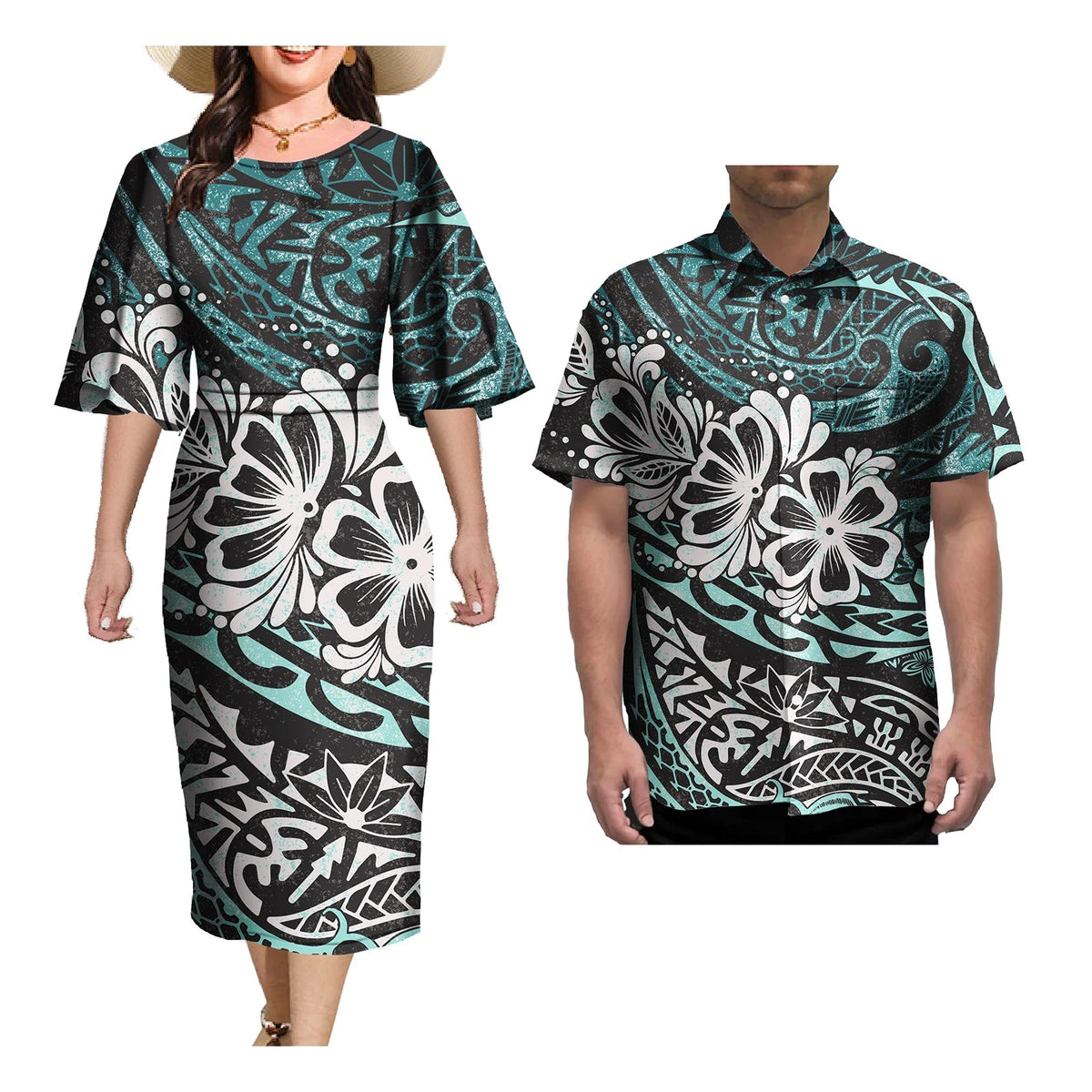 Couple Outfit Sets Elegant Dresses Women Sexy Skirt Samoa Tattoo Printed Polynesian Casual Dress Matching Men Shirts Good Vibrations