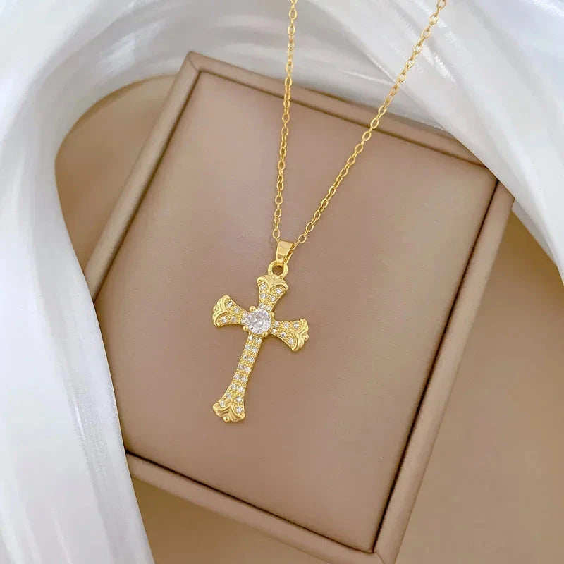 Luxurious Titanium Steel Cross Necklace Elegant Minimalist Choker Chain Jewelry Accessory for Women Versatile Fashionable Good Vibrations