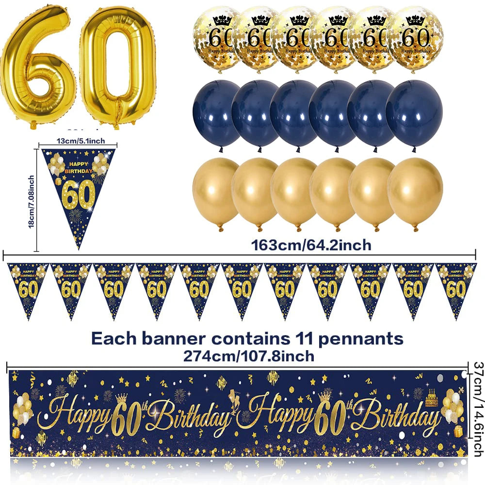 30th/40th/50th/60th/70th Birthday Decorations Men Women Birthday Balloon Garland Kit Happy Birthday Banner Blue Gold Balloon Good Vibrations