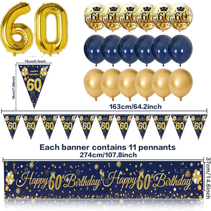 30th/40th/50th/60th/70th Birthday Decorations Men Women Birthday Balloon Garland Kit Happy Birthday Banner Blue Gold Balloon Good Vibrations
