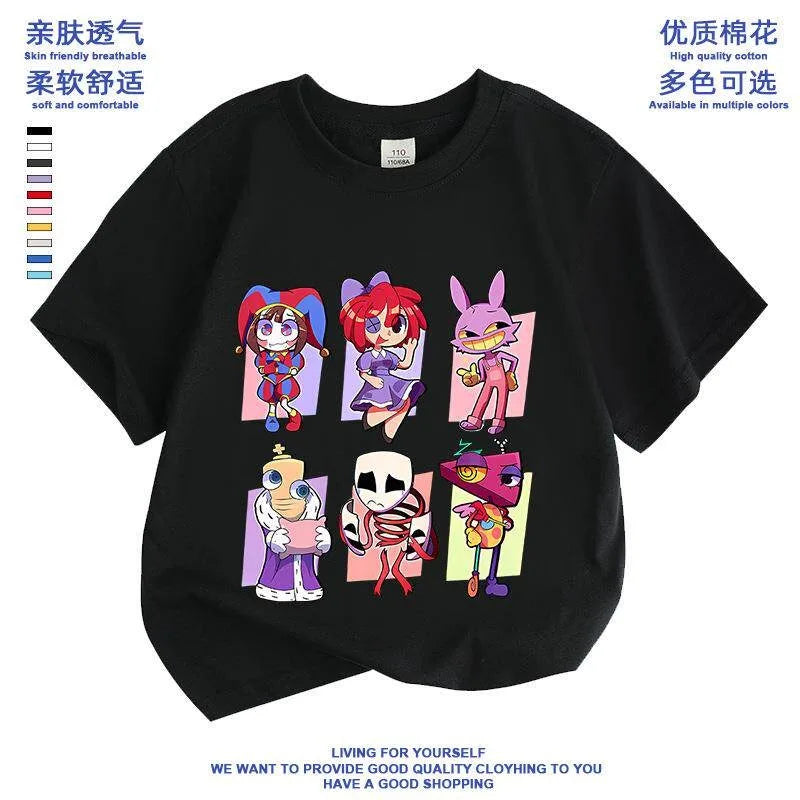2026 Pure cotton boys and girls' short-sleeved T-shirt summer children's clothing cartoon magic digital circus children's top Good Vibrations