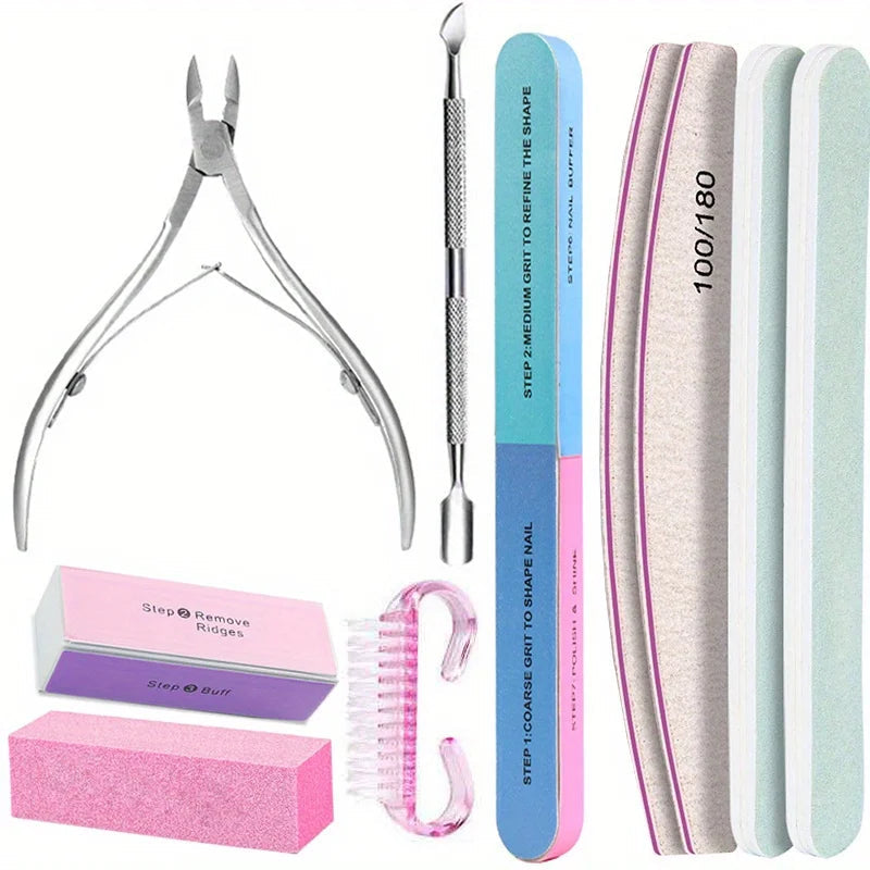 10Pcs/lot Nail Art 100/180 Grit Professional Files Buffer Sponge Block Brush Nail Scissors Kit With Cuticle Nipper Pushers Good Vibrations