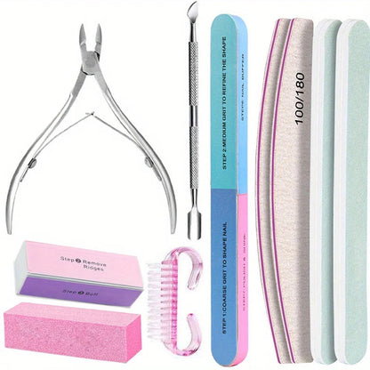 10Pcs/lot Nail Art 100/180 Grit Professional Files Buffer Sponge Block Brush Nail Scissors Kit With Cuticle Nipper Pushers Good Vibrations