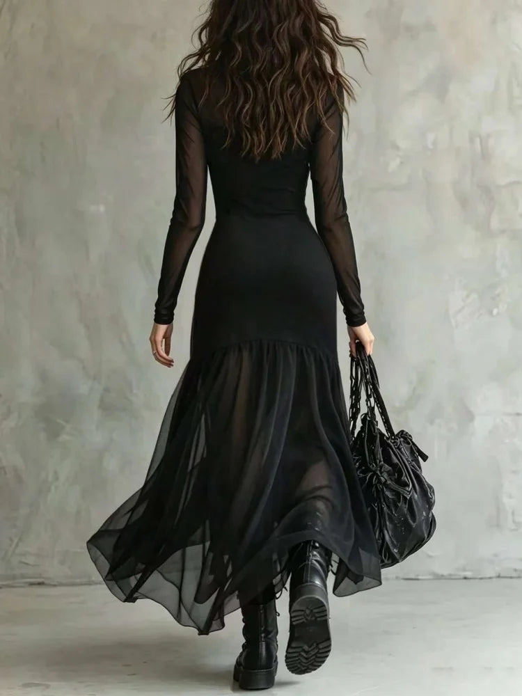 Women's Spring/Summer Outfit, Elegant Dress, Holiday Outfit, Casual Dress, Outing Dress, Mesh Dress, Long Sleeve Dress, Graduati Good Vibrations