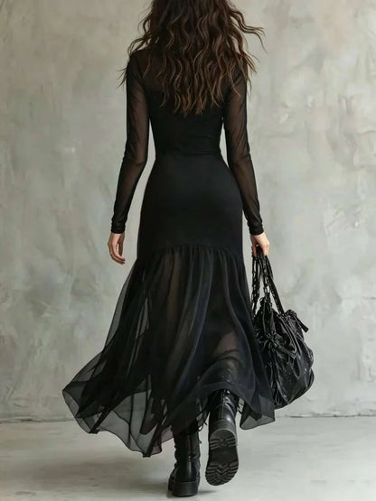 Women's Spring/Summer Outfit, Elegant Dress, Holiday Outfit, Casual Dress, Outing Dress, Mesh Dress, Long Sleeve Dress, Graduati Good Vibrations