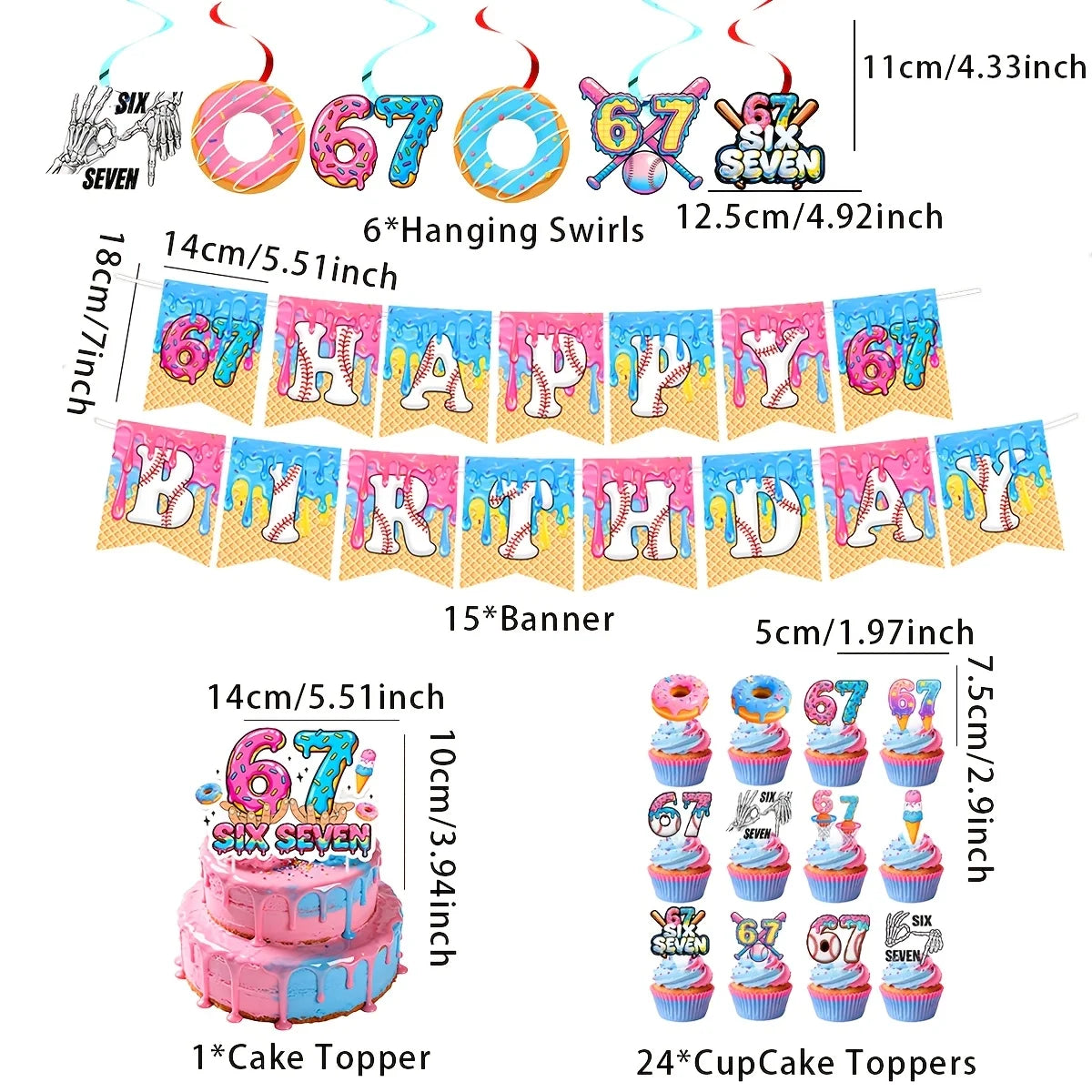 6 7 Birthday Decorations 67 Meme Themed Baseball Ice Cream Donut Banner Cake Topper Balloons for Baby Shower Party Supplies Good Vibrations
