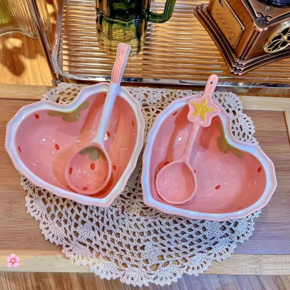 Strawberry Ramen Bowls and Spoons Creative Ceramic tablewear Anti-scald Instant Noodle Bowl Cute Strawberry Bowl Pretty Bowl Good Vibrations