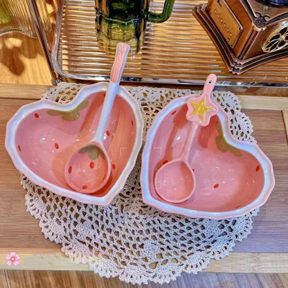 Strawberry Ramen Bowls and Spoons Creative Ceramic tablewear Anti-scald Instant Noodle Bowl Cute Strawberry Bowl Pretty Bowl Good Vibrations