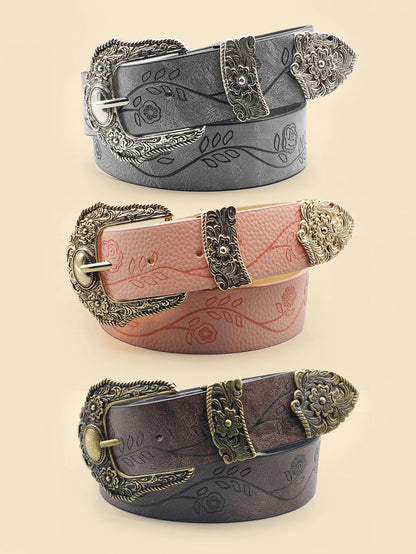 Western Style Printed Solid Color Pu Belt Buckle, Retro Casual Women's Belt, Classic Jeans Decorative Belt Good Vibrations