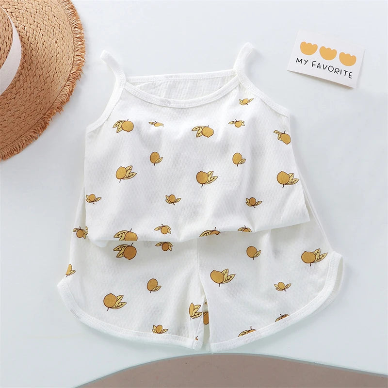2026 New Kids Tops+shorts Set Summer Thin Baby Cotton Vest Sleeveless Loungewear Set for Girls Suit Good Vibrations