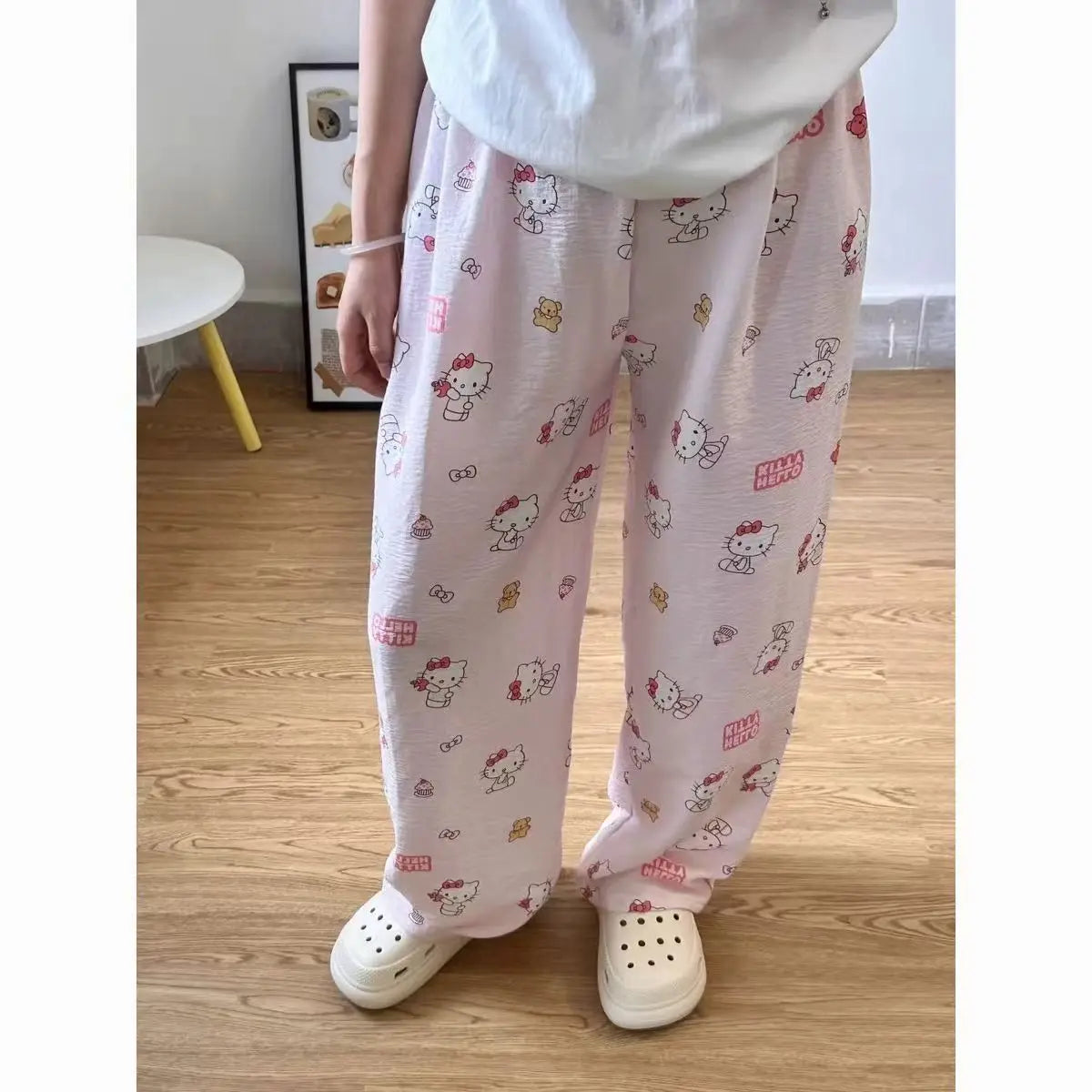 Sanrio Hello Kitty Pure Pajama Pants Wide Kawaii KT Cat Leg Pants Y2K Summer Thin High Waist Casual Trousers Birthday Gifts Good Vibrations
