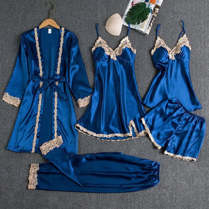 5 Pcs/Set Women Pajamas Set Nightgown Nightdress Top Shorts Pants Set Silky Satin Lace Lace-up Waist Thin Homewear Sleepwear Set Good Vibrations