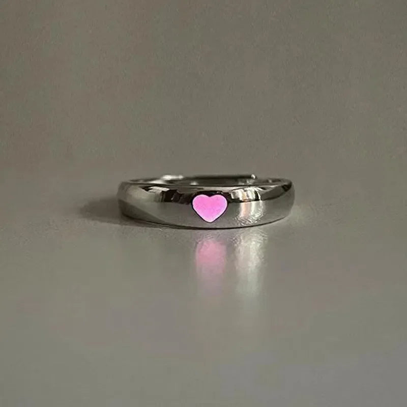Glow In Dark Ring Luminous Blue Pink Light Love Heart Ring Couples Girls Silver Color Jewelry Adjustable Size New Fashion Rings Good Vibrations