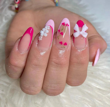 24PCS- Long coffin shaped fake nails, pink three-dimensional butterfly, pink flower decoration, suitable for dating, dinner Good Vibrations