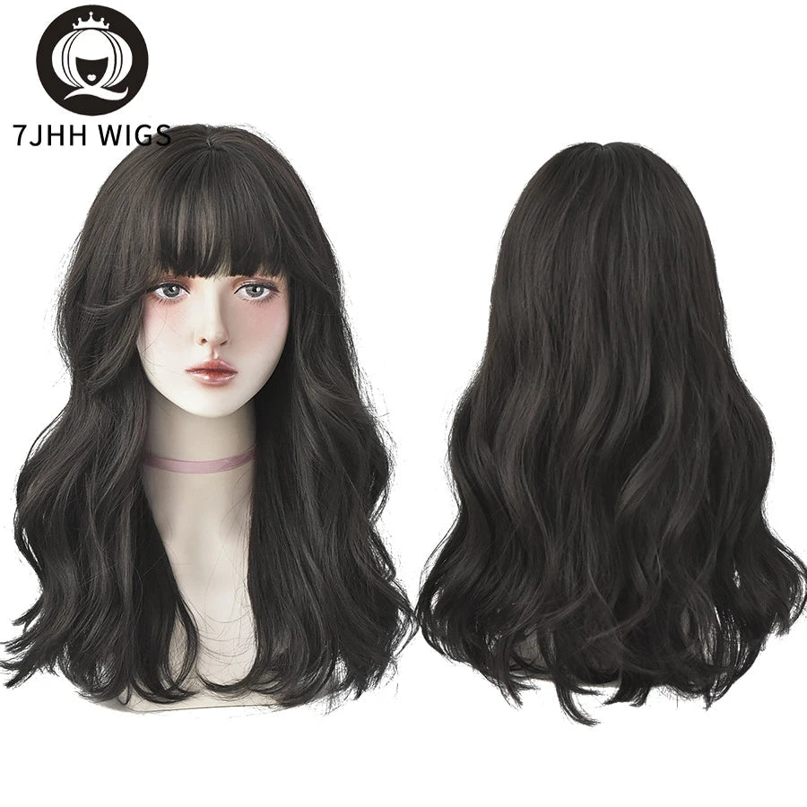 7JHHWIGS Long Wavy Synthetic Black Wigs For Women With Fringe Fashion Heat Resistant Mid-Length Daily Straight Light Brown Hair Good Vibrations