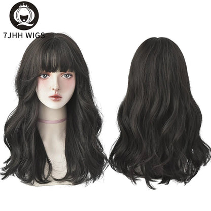 7JHHWIGS Long Wavy Synthetic Black Wigs For Women With Fringe Fashion Heat Resistant Mid-Length Daily Straight Light Brown Hair Good Vibrations
