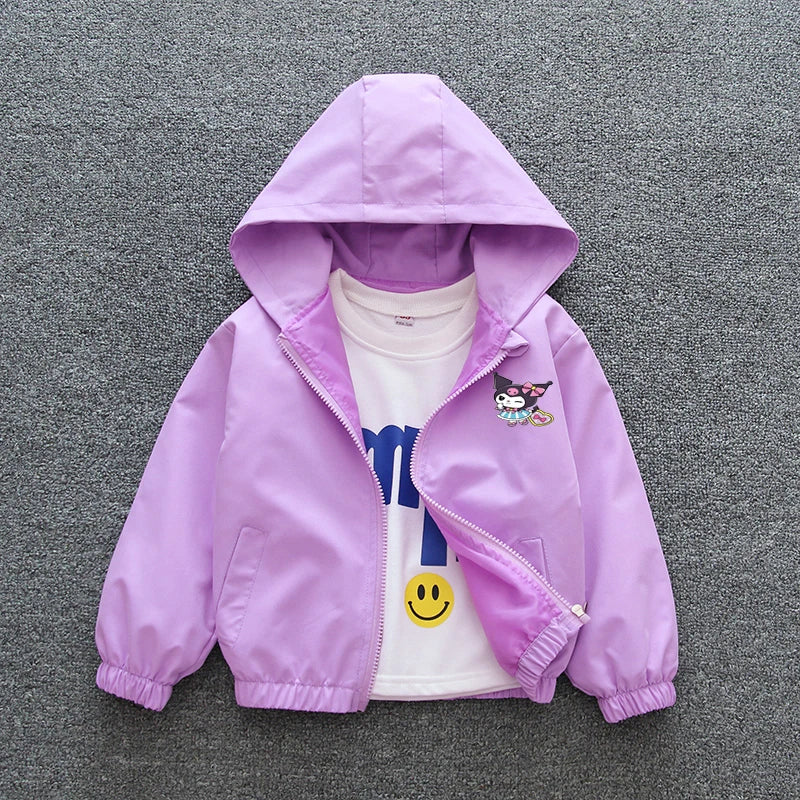 Kuromi Melody Girls Windbreaker Jacket 2024 New Spring Autumn Kid Fashion Cartoon Zipper Hooded Coat Teen Clothing Birthday Gift Good Vibrations