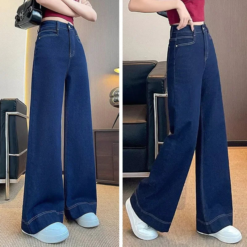 Girls Fashion Korean Straight Casual Jeans Female Baggy High Waist Wide Leg Denim Pants Women Classic Wash Dark-blue Trousers Good Vibrations