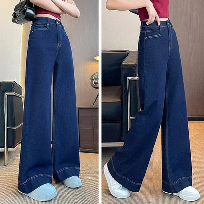 Girls Fashion Korean Straight Casual Jeans Female Baggy High Waist Wide Leg Denim Pants Women Classic Wash Dark-blue Trousers Good Vibrations