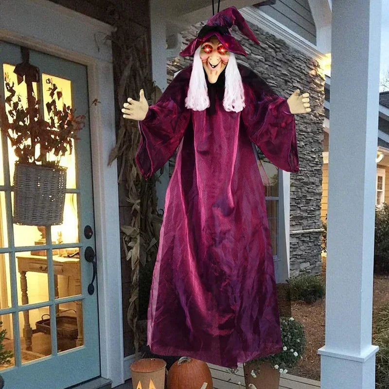 Halloween Hanging Witch Decor Skeleton with Sound Glowing Red Eyes Scary Talking Witch Halloween Decorations Haunted House Props Good Vibrations