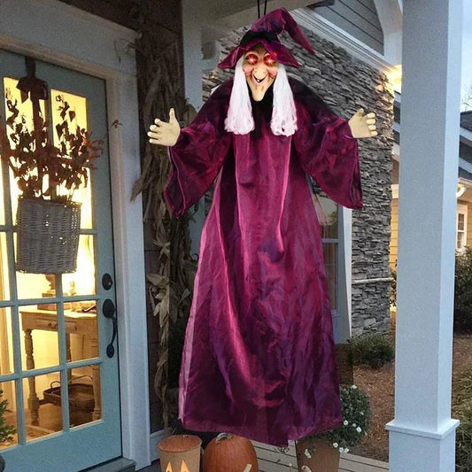 Halloween Hanging Witch Decor Skeleton with Sound Glowing Red Eyes Scary Talking Witch Halloween Decorations Haunted House Props Good Vibrations