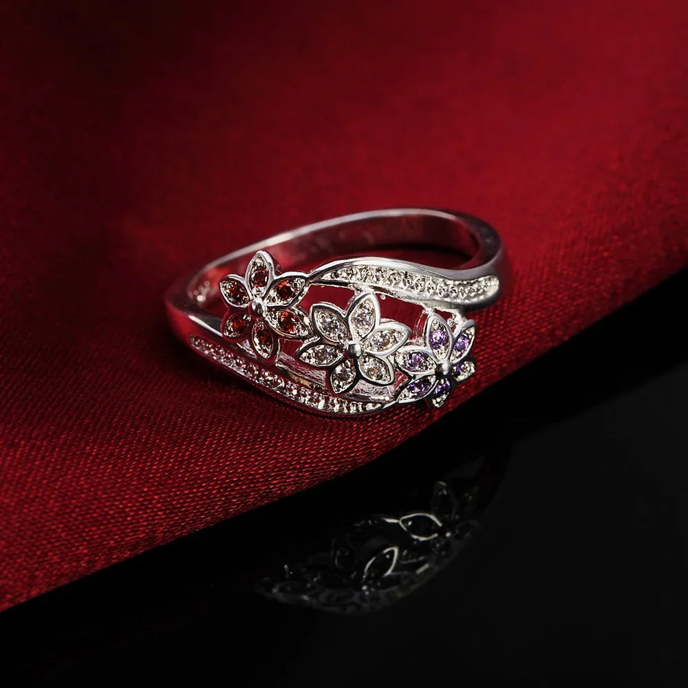 Charm 925 Sterling Silver Rings For Women color crystal flower size 6/7/8/9 Fashion Party Gifts Girl student wedding Jewelry Good Vibrations