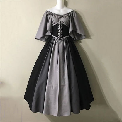 Halloween Costumes for Women Medieval Retro Contrasting Color Slim Swing Dress One-word Shoulder Dress Love Live Cosplay Good Vibrations