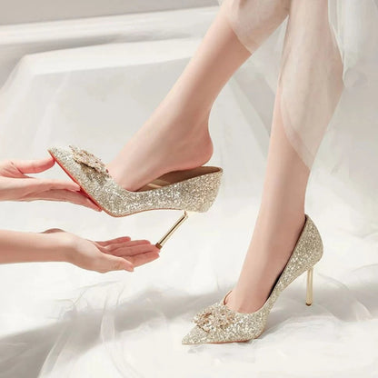 Womens High Heel Shoes Fad Elegant Crystal Pointed Toe Pumps Retro Shallow Mouth Banquet Party Wedding Women Shoes Zapatos Mujer Good Vibrations